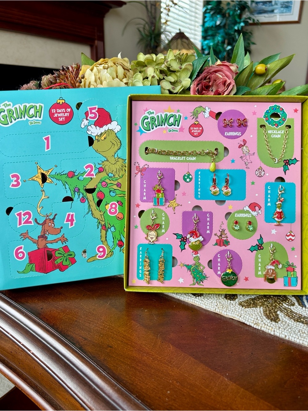 The Grinch Holiday Charm Jewelry Advent Calendar Set Earrings & Chains Christmas